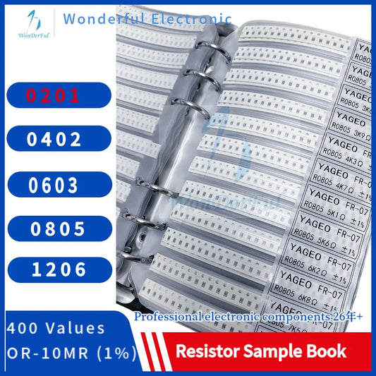 Resistor Kit SMD 0201Sample Book Chip Resistor Assortment Kit 1206 0805 0603 0402 1% FR-07 SMT 400 Values 0R-10M Smd Sample Book