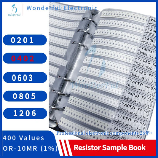 Resistor Kit SMD 0402Sample Book Chip Resistor Assortment Kit 1206 0805 0603 0201 1% FR-07 SMT 400 Values 0R-10M Smd Sample Book