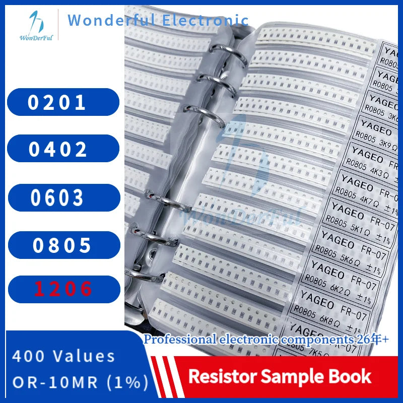 Resistor Kit SMD 1206 Sample Book Chip Resistor Assortment Kit0201 0805 0603 0402 1% FR-07 SMT 400 Values 0R-10M Smd Sample Book