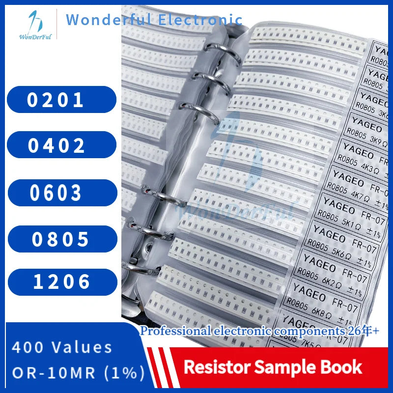 Resistor Kit SMD Book Chip Resistor Assortment Kit 1206 0805 0603 0402 02011% FR-07 SMT 400 Values 0R-10M Smd Sample Book