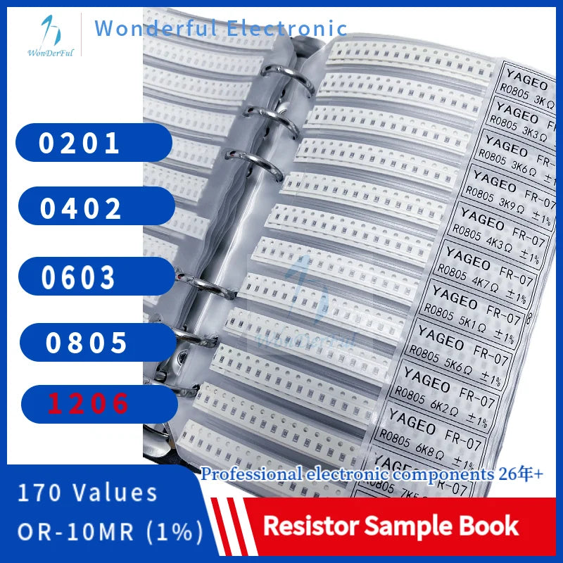 Книга образцов комплекта резисторов SMD 1206 Набор резисторов чипа 0603 0805 0402 02011% FR-07 Значения SMT 170 0R-10M Книга образцов Smd 